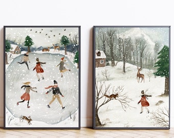 Set of 2 Winter prints Ice skating Winter prints download Christmas prints Winter Home decor Snow scene watercolor painting Winter wall art