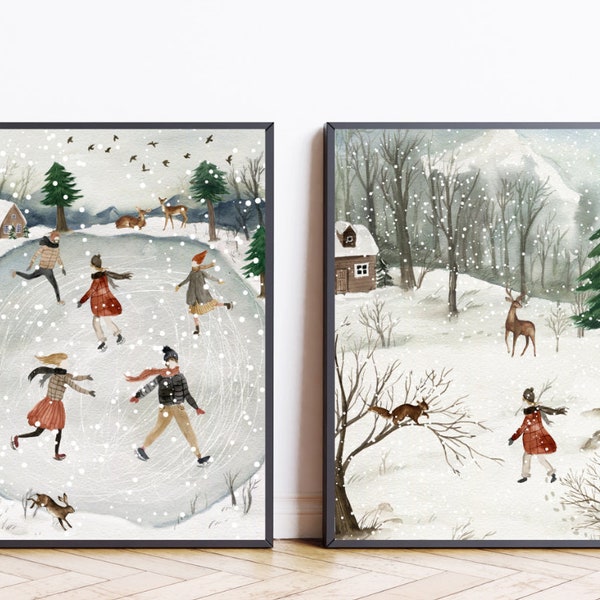 Set of 2 Winter prints Ice skating Winter prints download Christmas prints Winter Home decor Snow scene watercolor painting Winter wall art