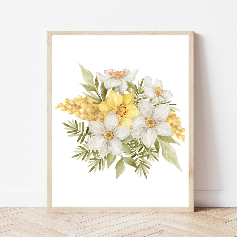 May include: A watercolour painting of a bouquet of white and yellow daffodils with green leaves and yellow mimosa flowers.