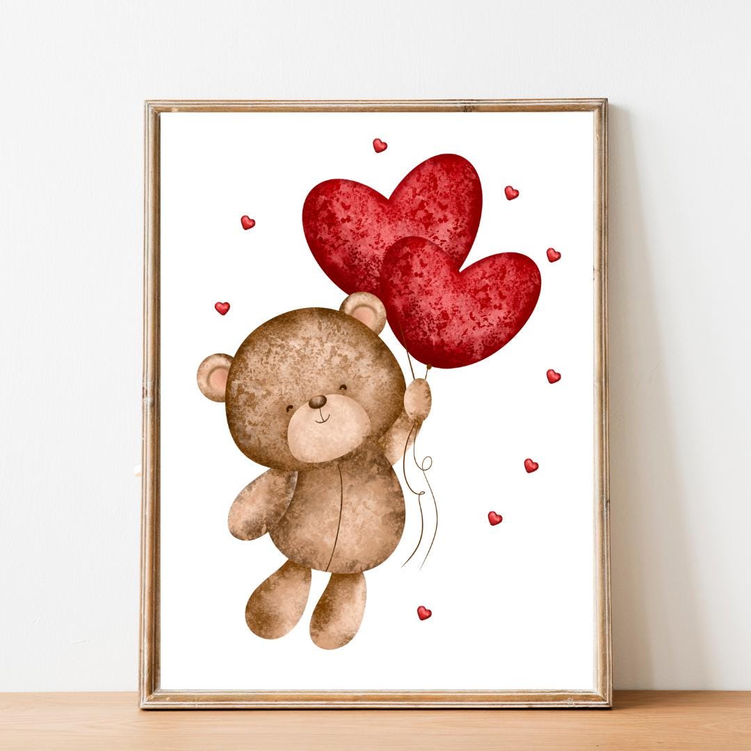 Cute Teddy Bear Heart Balloons Print Valentine Day Digital Print ...
