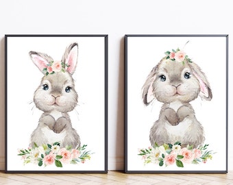 Bunny nursery print Floral bunny wall art Watercolor bunny nursery decor Cute bunnies girl nursery print Bunny printable wall art girls room