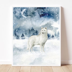 Cartel del lobo Pintura de acuarela del lobo Impresión de invierno descargar arte de la pared de Navidad Escena de nieve Pintura de acuarela nevada Decoración navideña Bosque