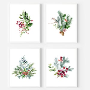 Set of 4 Christmas prints Christmas bouquet print Christmas prints digital download Holiday wall decoration Watercolor greenery print Wall