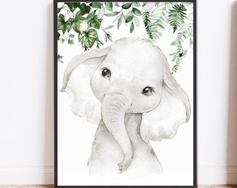 Elephant nursery prints Nursery decor Elephant greenery prints art Baby girl nursey art Safari animals printable Baby boy nursery wall art