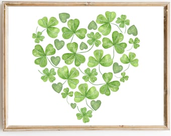 Impresión de corazón de trébol Impresión del día de San Patricio Impresión irlandesa imprimible Decoración del hogar irlandesa Arte de pared imprimible de San Patricio de granja Impresión de trébol de acuarela