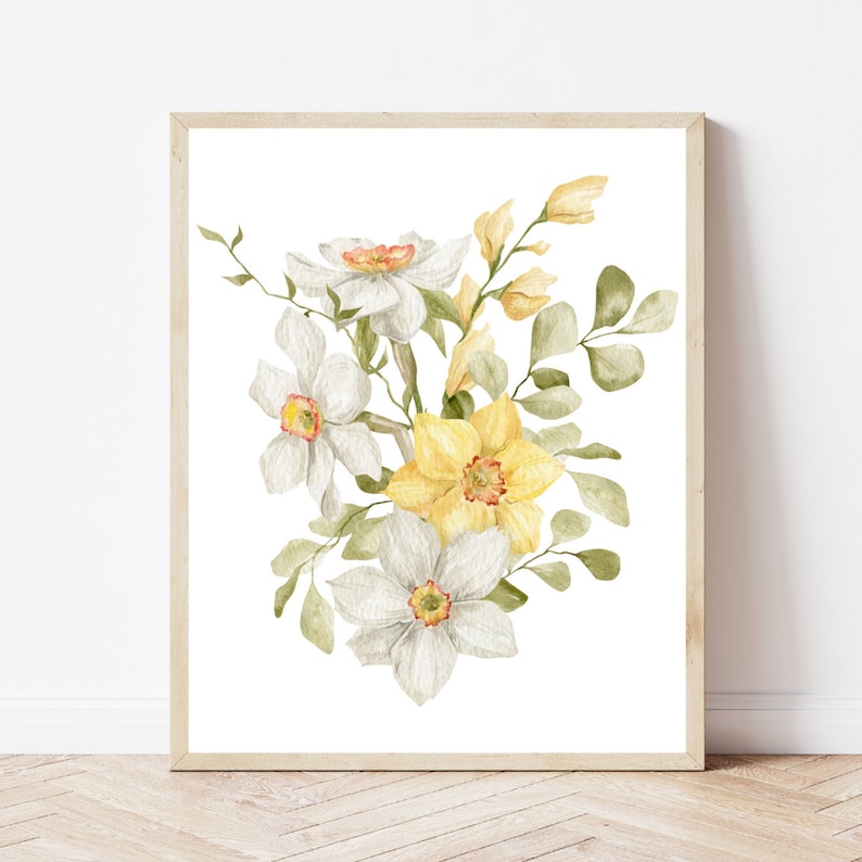 May include: A watercolour painting of a bouquet of white and yellow daffodils with green leaves. The flowers are arranged in a loose, natural style.