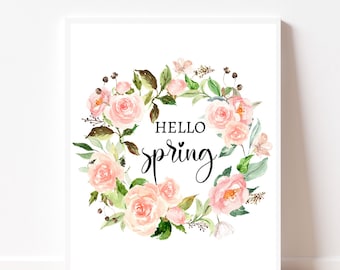 Hello spring prints Spring print Spring printable wall art Farmhouse home decor Spring wall art Spring art prints Spring floral print Flower