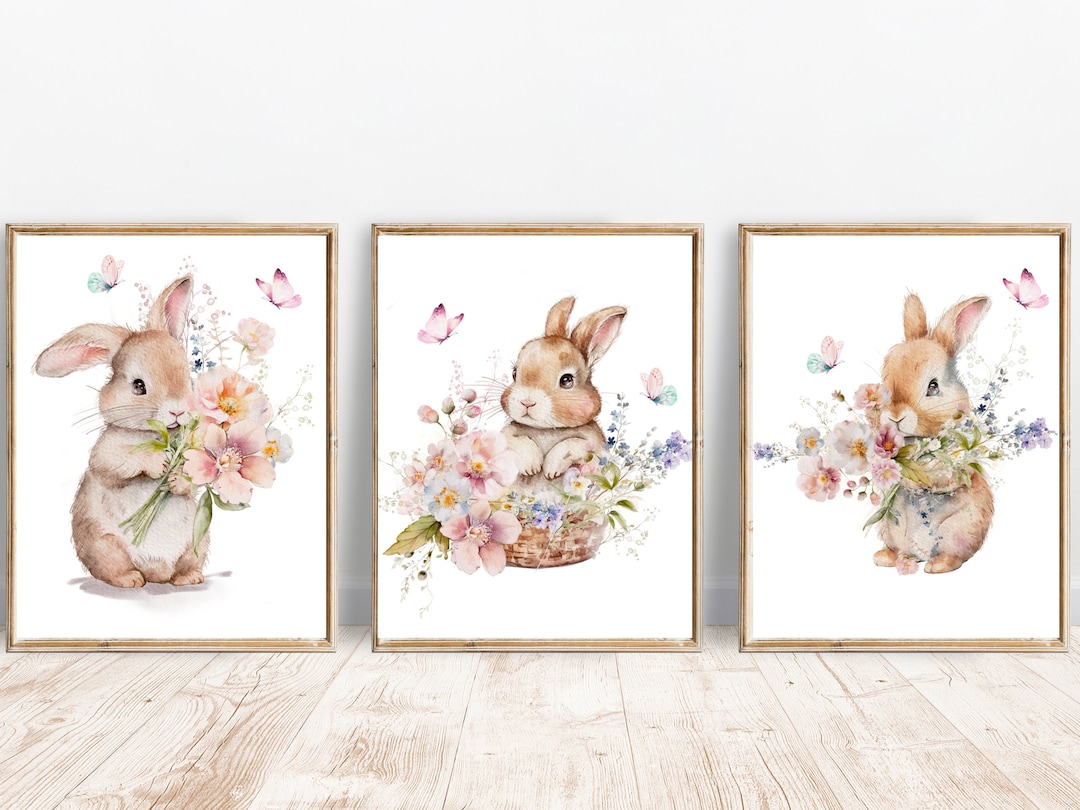 Set of 3 Bunny Nursery Wall Art Printable Girl Nursery Decor Wildflower ...