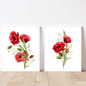 Red poppies set of 2 prints Red poppies art Watercolor red flowers Wildflower prints Wildflowers printable wall art Farmhouse wall decor