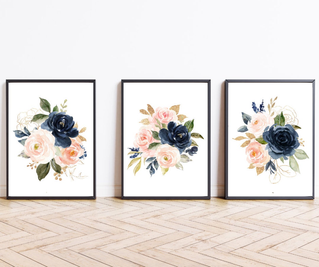 Navy Blush Flower Print Watercolor Flowers Home Decor Navy Blush ...