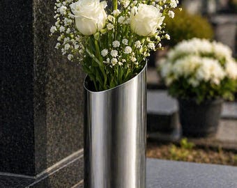Vaso funerario in acciaio inossidabile, porta fiori commemorativo per cimitero, autoportante con punta.