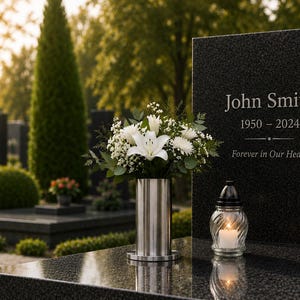 May include: A black granite headstone featuring a silver cross, the name John Smith, the dates 1950-2024, and the text Forever in Our Hearts. A stainless steel vase holds white lilies and greenery, next to a glass candle holder with a lit candle.
