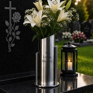 Może przedstawiać: Cylindryczny wazon nagrobny ze stali nierdzewnej z wygrawerowanym napisem In Loving Memory, wykończony szczotkowanym metalem i dwoma bocznymi wspornikami. Wazon zawiera bukiet białych lilii i gipsówki, umieszczony na podstawie z czarnego granitu.