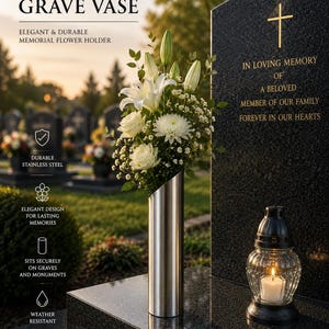 Grave Vase | Cemetery Vase with Ground Spike | Stainless Steel Memorial Flower Holder for Headstone