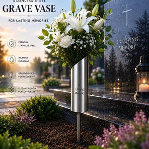 May include: A cylindrical stainless steel grave vase with a diagonal top opening, featuring the engraved text In Loving Memory. The vase is mounted on a ground spike and contains a bouquet of white lilies and baby's breath flowers.