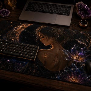 Könnte beinhalten: Eine rechteckige Schreibtischunterlage mit einer dunklen, himmlischen Illustration einer Person mit komplexen goldenen geometrischen Mustern auf dem Rücken, umgeben von leuchtenden violetten und goldenen Blumen, Sternbildern und einem Halbmond.