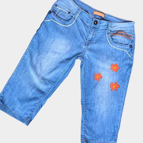Custom hand painted jeans blue 3/4 floral denim pants orange flowers trousers knee length 3/4 bottoms