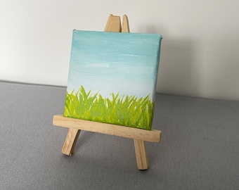 Mini toile de paysage, petite oeuvre d'art miniature, herbe verte bleu ciel, petite peinture acrylique originale sur toile, nouveau cadeau d'emploi, art 3 x 3