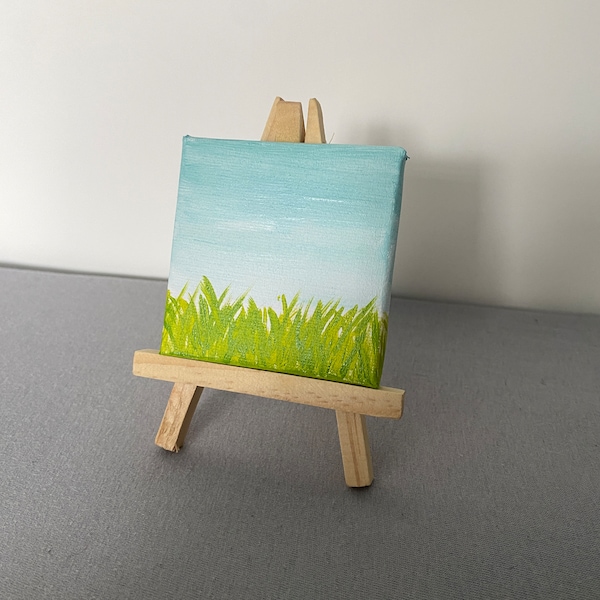 Mini toile de paysage, petite oeuvre d'art miniature, herbe verte bleu ciel, petite peinture acrylique originale sur toile, nouveau cadeau d'emploi, art 3 x 3