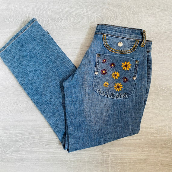 Floral Jeans Hand Painted Jeans Flower Paint Denim Pants 7/8