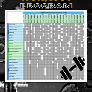 May include: A fitness chart with the words "WORKOUT PROGRAM" in yellow and black. The chart is a 25-minute speed train weight progression tracker. A black dumbbell graphic is on the right side of the chart.