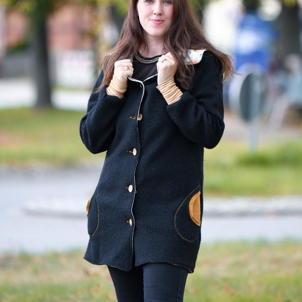 Wollwalk Mantel für Damen mit Taschen und Knopfleiste