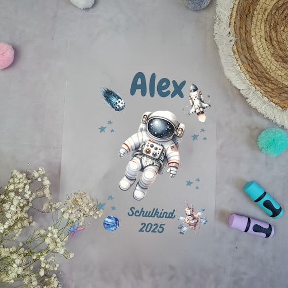 Bügelbild Astronaut  Galaxie für Schultüte mit Namen / Datum A4