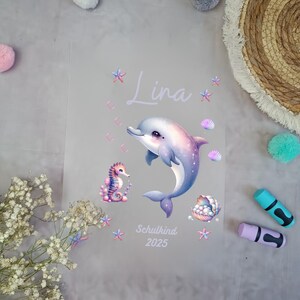 Bügelbild für schultüte Delfin Lila  mit Namen / Datum A4