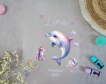 Bügelbild für schultüte Delfin Lila  mit Namen / Datum A4