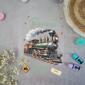 Bügelbild Eisenbahn Dampflock Grün  für Schultüte mit Namen / Datum A4