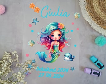 Bügelbild für schultüte Meerjungfrau Lila  mit Namen / Datum A4