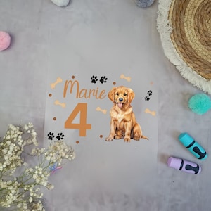 Könnte beinhalten: Ein klares Schild aus Plastik mit einem braunen Hund, dem Namen "Marie" und der Zahl "4" in brauner Schrift. Das Schild ist mit Pfotenabdrücken und Knochenformen verziert.