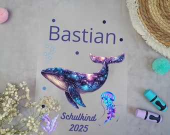 Iron-on image whale for school cone with name / date A4