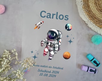 Iron-on picture astronaut space for school cone with name/date A4