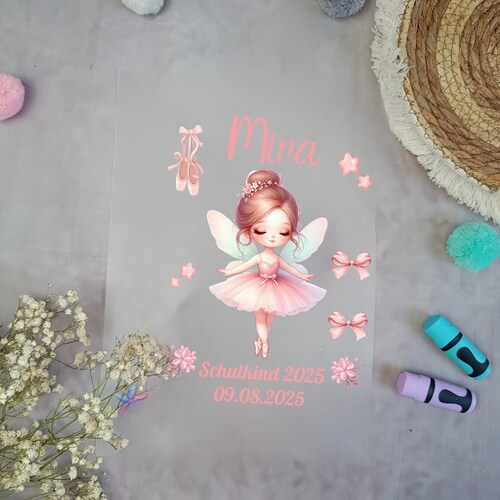 Bügelbild für Schultüte Ballerina Fee Rosa  mit Namen / Datum A4