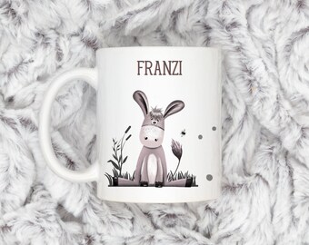 Kinder Becher mit Namen verrückter Esel aus Keramik Geschenk Geburt, Kinder, Tasse, Personalisierte Tasse, Kindertasse