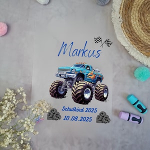 Bügelbild für Schultüte Monstertruck Blau Flammen mit Namen / Datum A4