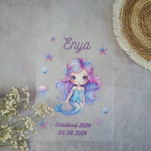 Iron-on picture mermaid purple for school cone with name/date A4