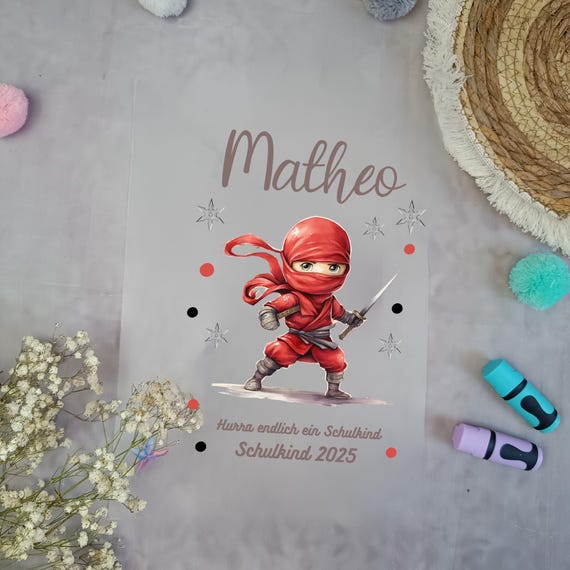 Bügelbild Ninja Rot für Schultüte mit Namen A4