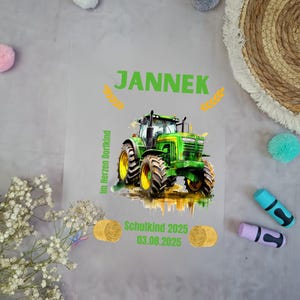 Bügelbild Traktor Grün  für Schultüte mit Namen / Datum A4