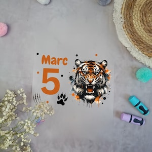 Könnte beinhalten: Eine transparente Plastikfolie mit einer orangenen Zahl 5, dem Namen Marc und einem schwarzen Pfotenabdruck. In der Mitte der Folie befindet sich eine farbenfrohe Illustration eines Tigers mit einem orange-schwarzen Streifenmuster.