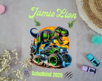 Iron-on transfer for candy cone with monster truck and T-Rex for school cone name A4