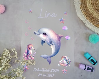 Bügelbild für schultüte Delfin Lila  mit Namen / Datum A4