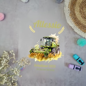 Bügelbild für Schultüte Mähdrescher Grün mit Stroh mit Namen  A4