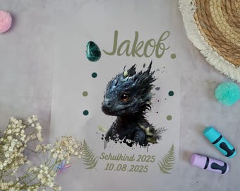 Iron-on image dragon lizard school cone personalized with name & date | A4 iron-on patch school enrollment
