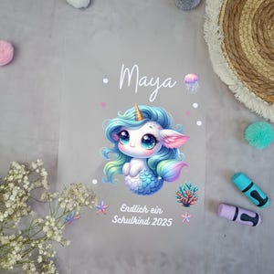 Bügelbild für schultüte Seepferdchen Blau mit Namen / Datum A4