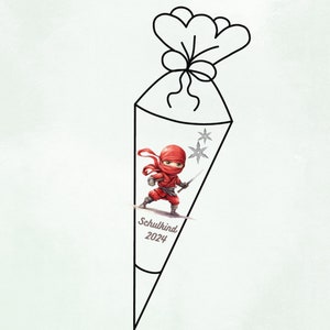 May include: A red and white school cone with a cartoon ninja holding a sword and throwing stars. The cone has the text "Schulkind 2024" printed on it.