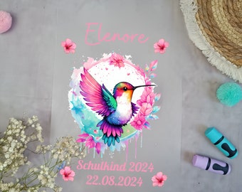 Bügelbild für Schultüte Kolibri mit Blumenkranz mit Namen  A4