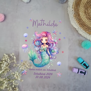 Ironing image for school bag Mermaid Purple with name/date A4