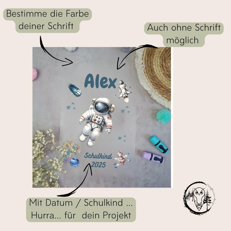 May include: A clear plastic sheet with a space-themed design featuring an astronaut, stars, planets, and a rocket. The sheet also includes the text "Alex" and "Schulkind 2025".